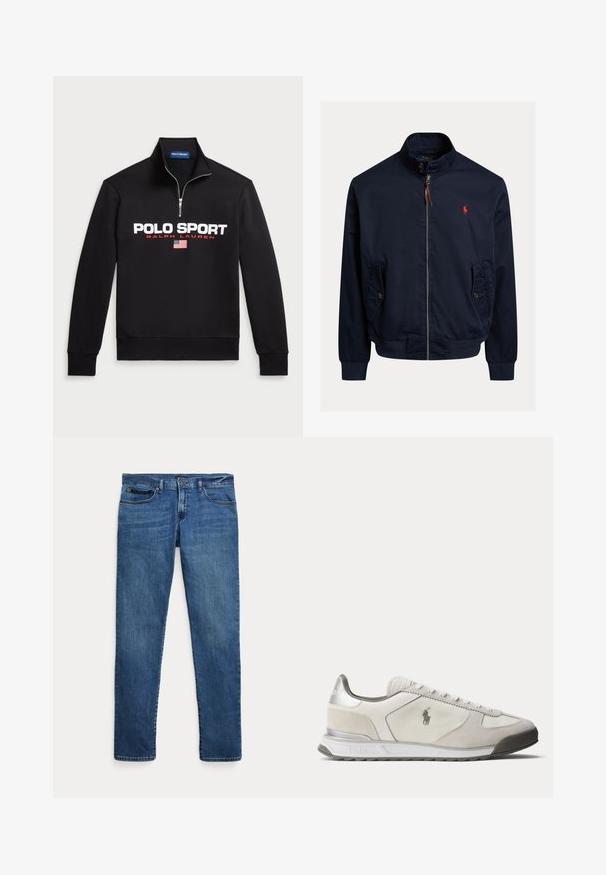 Námornícka modrá bunda na zips so stojacím golierom, vreckami so zapínaním na gombíky, rebrovanými manžetami a lemom a malým červeným vyšitým logom na hrudi.; Čierna mikina so zipsom a vysokým golierom vyrobená z mäkkého materiálu, ktorá má veľké biele logo "POLO SPORT", červené akcenty a malú grafiku americkej vlajky.; Modré rifle z denimu s úzkym strihom, s prednými vreckami, očkami na opasok a zapínaním na gombík na bielom pozadí.; Nízky biely a svetlosivý teniska s logom Polo na boku, so šnurovaním vpredu a strieborným akcentom na päte.