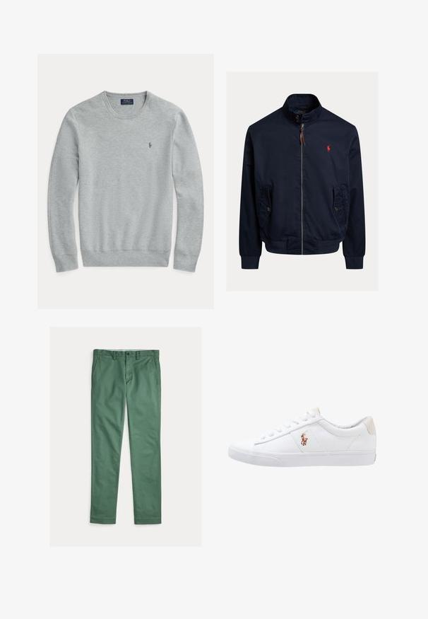 Marineblauwe jas met ritssluiting, opstaande kraag, klepzakken met knopen, geribde boorden en zoom, en een klein rood geborduurd logo op de borst.; Lichtgrijze gebreide trui met lange mouwen en ronde hals, geribde manchetten en zoom, en klein geborduurd Polo Ralph Lauren-logo op de borst.; Groene rechte herenbroek met voorzakken, riemlussen en knoopsluiting, plat uitgespreid op een witte achtergrond.; Witte canvas sneakers met een laag ontwerp, featuring een beige hieltab en een klein geborduurd logo aan de zijkant. Rubber zool.