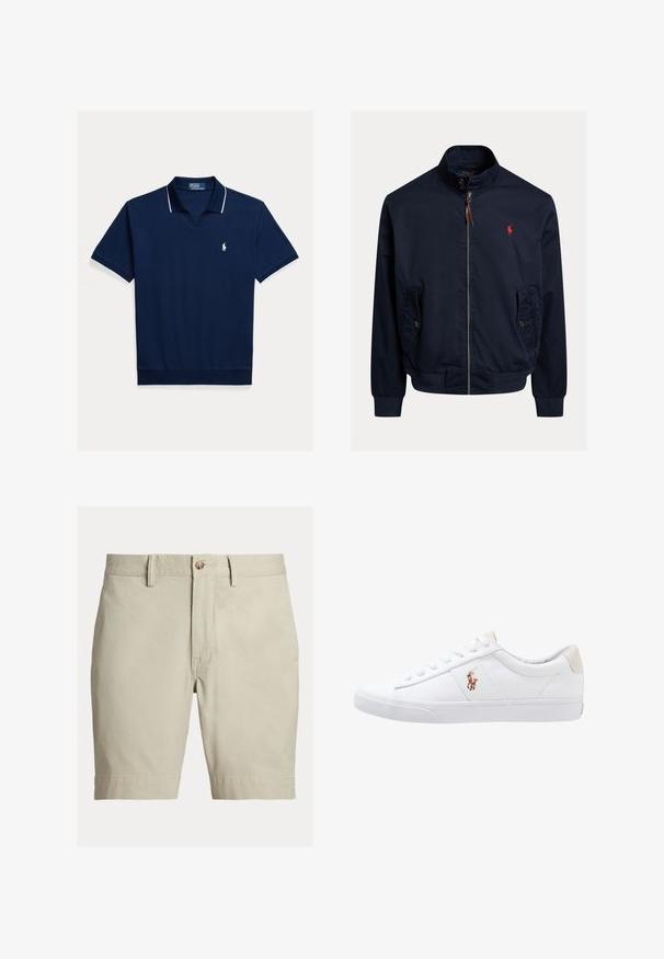 Marineblaue Jacke mit Reißverschluss und Stehkragen, geknöpften Klappentaschen, gerippten Bündchen und Saum sowie einem kleinen roten gestickten Logo auf der Brust.; Marineblaues Poloshirt aus Baumwolle, mit V-Ausschnitt, kurzen Ärmeln, weißem Besatz am Kragen und an den Ärmeln sowie einem kleinen Logo auf der Brust.; Beige knielange Shorts mit Gürtelschlaufen, Knopfverschluss und Reißverschluss, vor weißem Hintergrund dargestellt.; Weiße Leinensneaker im Low-Top-Design mit einem beigen Ferseneinsatz und einem kleinen gestickten Logo an der Seite. Gummisohle.