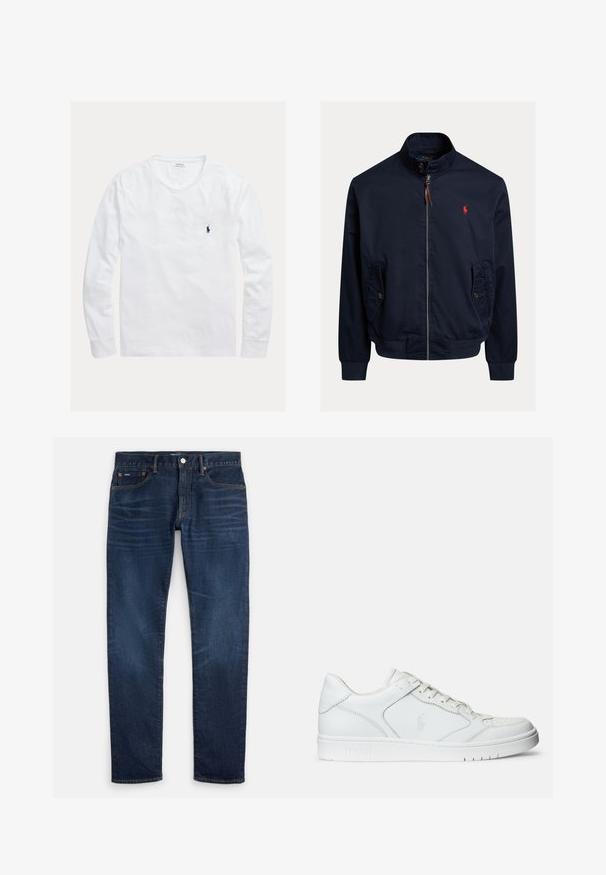 Marineblauwe jas met ritssluiting, opstaande kraag, klepzakken met knopen, geribde boorden en zoom, en een klein rood geborduurd logo op de borst.; Wit shirt met lange mouwen en ronde hals, met klein donkerblauw Polo Ralph Lauren-logo geborduurd op de linkerborst.; Donkerblauwe slim-fit jeans met subtiele vervaging op de dijen, ontwerp met vijf zakken en een knoopsluiting in de tailleband.; Witte leren sneaker met een gladde textuur, voorzien van een geperforeerde neus, vetersluiting en geborduurde logo aan de zijkant. Witte rubberen zool.
