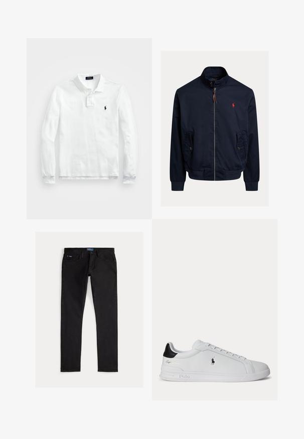 Marineblaue Jacke mit Reißverschluss und Stehkragen, geknöpften Klappentaschen, gerippten Bündchen und Saum sowie einem kleinen roten gestickten Logo auf der Brust.; Weißes Langarm-Polohemd aus Baumwolle, mit klassischem Kragen, Knopfleiste mit drei Knöpfen und einem dunkelblauen Logo auf der linken Brust.; Schwarze Slim-Fit-Denimjeans mit fünf Taschen, Gürtelschlaufen und einem blauen Markentag am Bund. Glatter, strapazierfähiger Stoff.; Weißer Sneaker mit niedrigem Schaft, schwarzem Fersenlasche, Schnürsenkeln und Polo Ralph Lauren Logo an der Seite, mit geprägten Sohlen-Details.