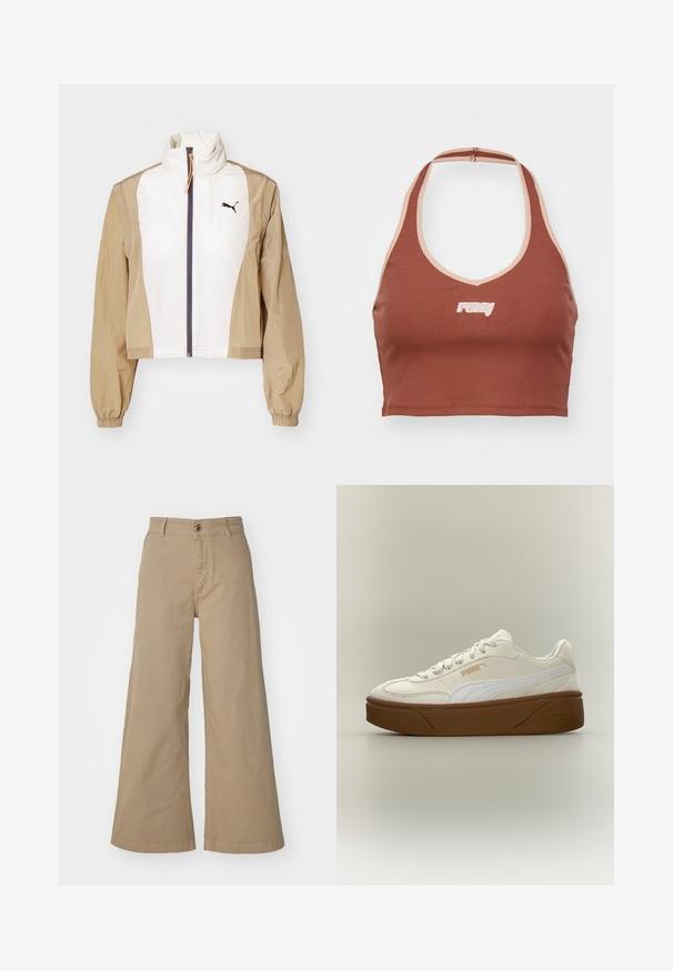 Chaqueta recortada con frontal blanco y mangas marrones, presenta un cuello alto, cierre de cremallera, puños elásticos y un logo oscuro en el pecho.; Top corto marrón de canalé con diseño de cuello halter, ribete en color rosa claro y el logo "ruby" bordado en blanco en la parte frontal.; Pantalones de pierna ancha color caqui, fabricados en algodón, con cierre de botón frontal, lazos para cinturón y una textura suave y mate en toda su superficie.; Zapatilla blanca Puma con suela marrón gruesa, franja de logo blanca y marca dorada Puma en el lateral, mostrada en vista de perfil sobre fondo neutro.