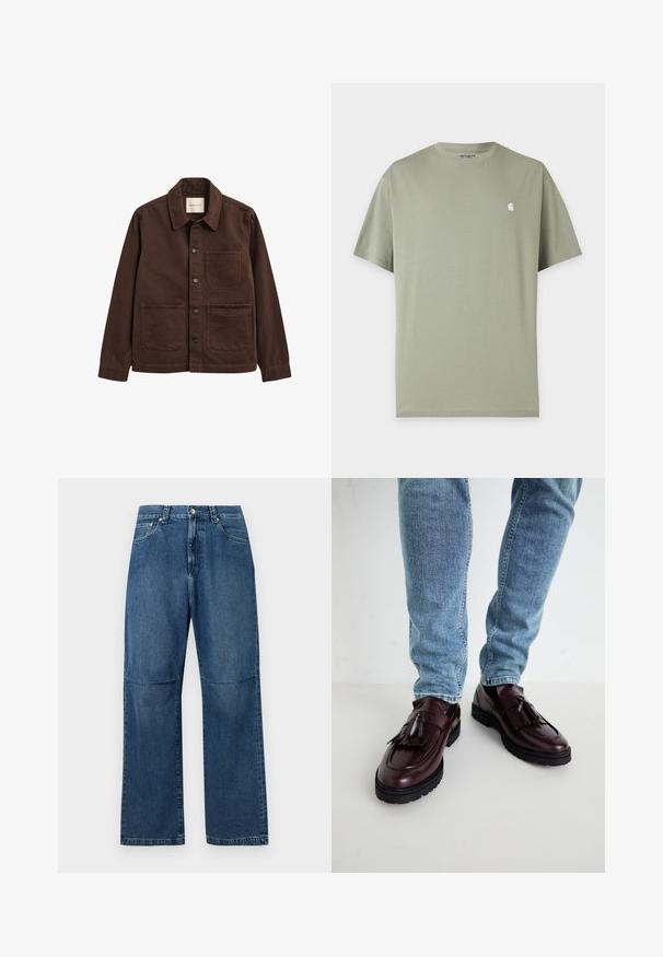 Brun skjortejakke med tre forlommer og en standard krave, lange ærmer og et synligt GANT-mærke inde i kraven.; Enkelt lysegrønt T-shirt med korte ærmer, lille hvid Carhartt-logo på venstre bryst og rund halsudskæring.; Blå straight-leg denim jeans med høj talje, forreste lukning med knap og lynlås, og lommer foran og bagpå.; Bordeaux læder loafers med kvaster og en tekstureret overdel, parret med lyseblå denimjeans. Sort gummisål synlig.