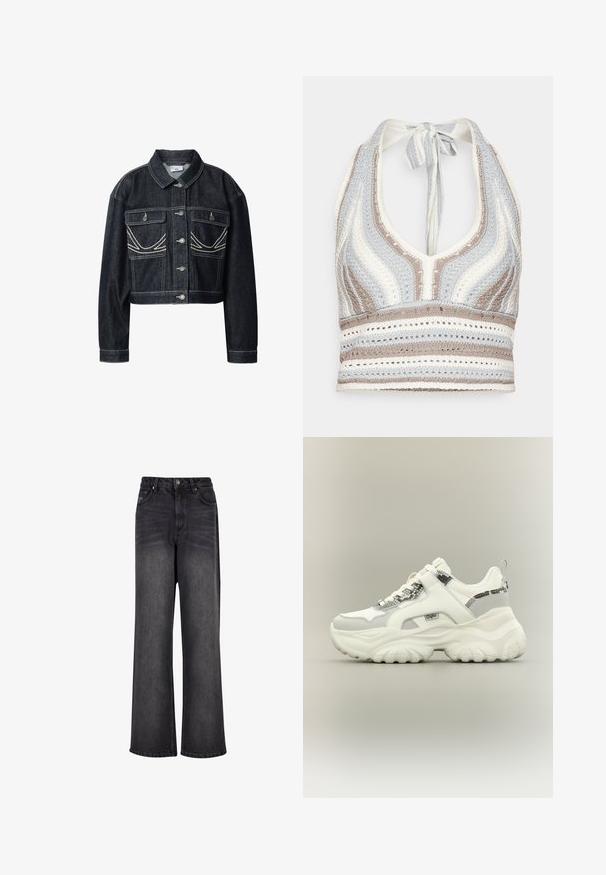 Mørk denim kort jakke med sølvknapper, to forlommer med klapper og hvide syninger på lommer og sømme.; Hæklet halterneck-top med lyseblå, beige og hvide striber, dyb V-halsudskæring og knyttet ryg. Åben vævet tekstur hele vejen igennem.; Bredde ben sorte denim jeans med en glat tekstur, der har høj talje, forlommer og knaplukning.; Hvid chunky sneaker med slangeskinds-mønstrede detaljer, tyk tekstureret sål og velcrolukning over snørebånd på neutral baggrund.