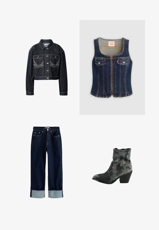 Mørk denim kort jakke med sølvknapper, to forlommer med klapper og hvide syninger på lommer og sømme.; Mørkeblå denim ærmeløs vest med frontlynlås, to brystlommer med knapper og synlige orange syninger.; Mørkeblå denimjeans med opkrogede manchetter, femlomme-stil, synlige stikninger og knaplukning ved taljen.; Sort og grå tekstureret ankelstøvle med spids tå, lav stablet hæl og lynlås lukning bagpå.