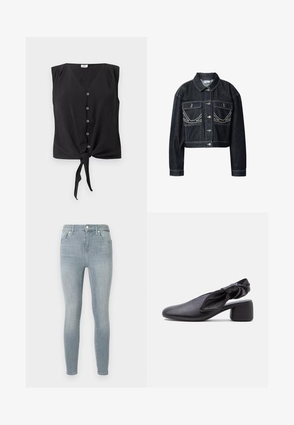 Mørk denim kort jakke med sølvknapper, to forlommer med klapper og hvide syninger på lommer og sømme.; Ærmeløs sort bluse med knapper, V-hals og bindeknop foran ved kanten.; Lyseblå skinny jeans med forreste knapper og lynlås, bæltestropper og lommer på en ensfarvet baggrund.; Sort læder slingback-sko med rundet tå, detaljer med knyttet rem og lav blokhæl på hvid baggrund.