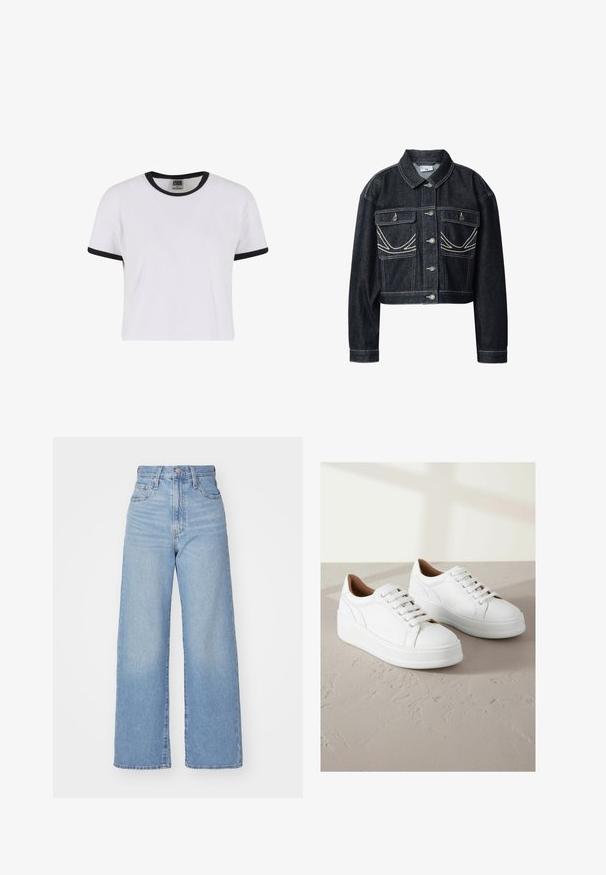 Chaqueta corta de mezclilla oscura con botones plateados, dos bolsillos delanteros con solapa y detalles de costura blanca en los bolsillos y las costuras.; Camiseta blanca de manga corta con un cuello y puños de ribete negro. Confeccionada con un material de algodón suave, presenta un ajuste clásico.; Jeans de tiro alto y pernera ancha en azul claro, con cierre frontal de botón y cremallera, y bolsillos delantero y trasero, sobre un fondo blanco.; Zapatillas de cuero blancas con suela de plataforma, que presentan una puntera redondeada, seis agujeros para los cordones y un sutil detalle de costura lateral.