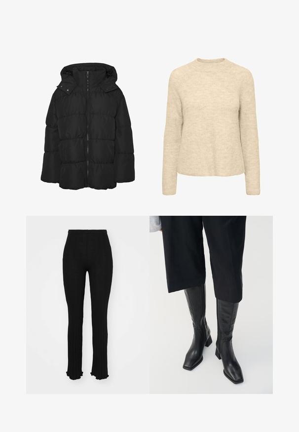 Vero Moda Zimný kabát - black; Bežový pletený sveter s jemnou textúrou, okrúhlym výstrihom a dlhými rukávmi. Jednoduchý dizajn bez viditeľných vzorov alebo akcentov.; Čierne rebrované nohavice s rozšíreným spodným okrajom, s textúrovaným dizajnom a elastickým pásom. Hladká, ľahká tkanina s priliehavým strihom.; Čierne kožené čižmy po kolená so štvorcovou špičkou a blokovým podpätkom. Obsahujú bočný zips a hladký povrch.