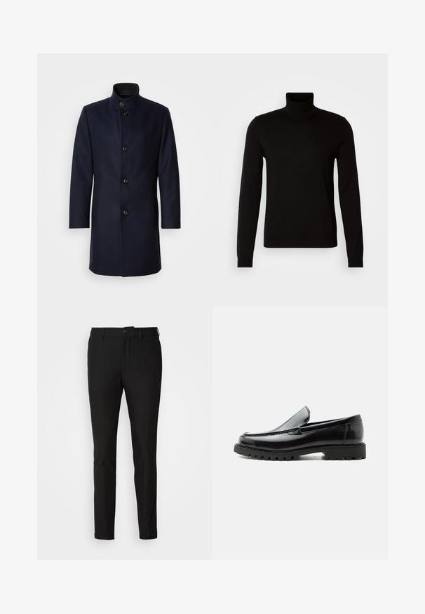 Abrigo de lana azul marino con un cuello alto, cinco botones delanteros, bolsillos laterales y un diseño recto y elegante. Textura suave, sin patrones.; Suéter negro de cuello alto confeccionado en un tejido de punto fino, con mangas largas y una silueta ajustada. Textura suave con puños acanalados.; Pantalones negros de corte ajustado, con cierre de botón, cremallera y dos bolsillos frontales. Tejido suave con un acabado mate.; Mocasín de cuero negro con suela de goma gruesa, empeine cosido y nombre de la marca en relieve en el talón, mostrado en perfil lateral sobre fondo blanco.