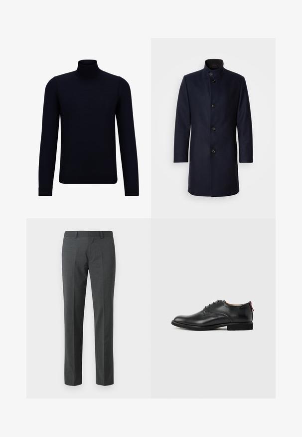Manteau en laine marine à col montant, avec cinq boutons sur le devant, des poches latérales et une coupe droite élégante. Texture lisse, sans motifs.; Pull en col roulé bleu marine foncé en tissu finement tricoté, à manches longues et à encolure haute ajustée. Sans motifs ni accents visibles.; Pantalons ajustés gris foncé en textile lisse. Présente des jambes droites, une taille plate et des passants de ceinture. Pas de motifs ou d'accents visibles.; Chaussure habillée pour homme en cuir noir, à lacets sur l'avant, avec une languette rouge au talon, sur fond uni.