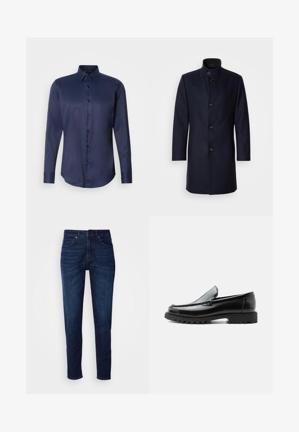 Abrigo de lana azul marino con un cuello alto, cinco botones delanteros, bolsillos laterales y un diseño recto y elegante. Textura suave, sin patrones.; Camisa de vestir de manga larga para hombre en azul marino, con cuello puntiagudo y cierre frontal de botones, presentada sobre un fondo blanco liso.; Jeans de mezclilla azul oscuro con un diseño de pierna recta, que cuentan con bolsillos y un cierre de botón en la cintura. Textura suave, detalles de desvanecimiento mínimos.; Mocasín de cuero negro con suela de goma gruesa, empeine cosido y nombre de la marca en relieve en el talón, mostrado en perfil lateral sobre fondo blanco.