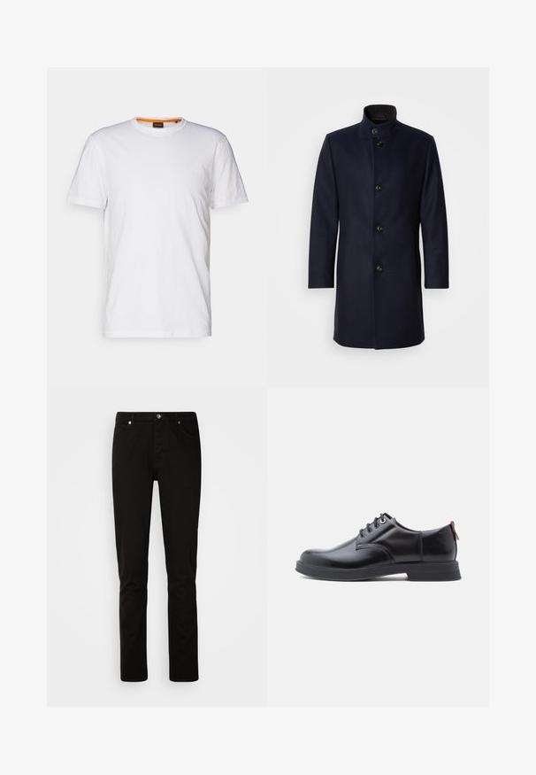 Marineblå uldfrakke med høj krave, fem knapper fortil, sidelommer og et slankt, lige snit. Glat tekstur, ingen mønstre.; Hvid bomulds T-shirt med rund hals, korte ærmer og et subtilt præget logo på brystet. Indvendigt mærke har en orange detalje.; Sorte jeans med lige ben med foran knap- og lynlåslukning, for- og baglommer, vist på en lys ensartet baggrund.; Sorte snørestøvler i læder med glat tekstur, rundet tå og diskrete syningsdetaljer. Har en rød trækflig på hælen.