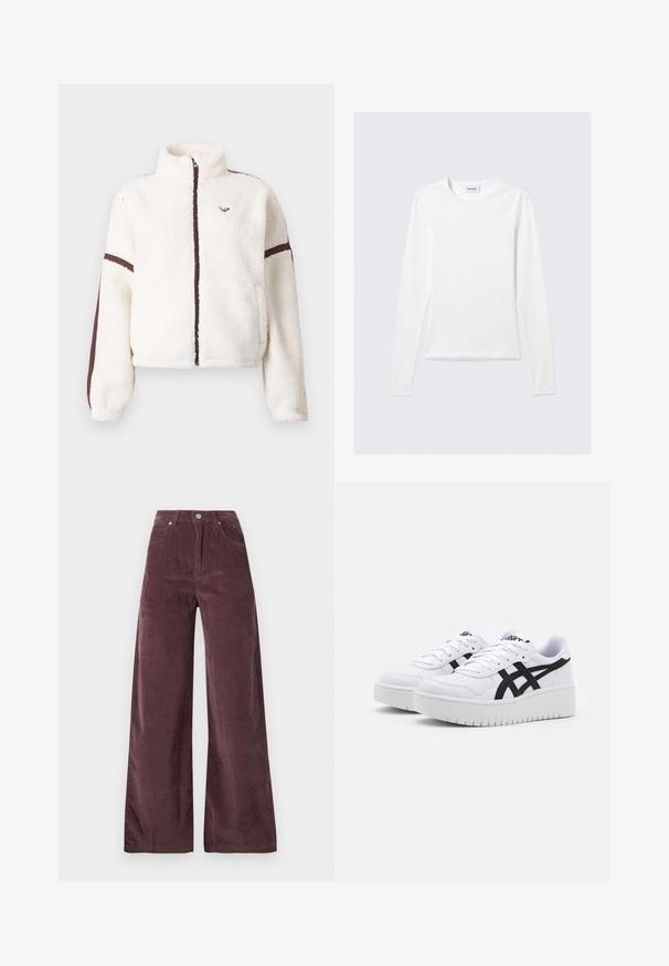 Veste en polaire blanche avec zip sur le devant, col montant et bandes brunes le long des manches et de la ligne de zip.; T-shirt blanc uni à manches longues avec col rond et coupe slim, présenté sur un fond gris clair.; Pantalons large à taille haute en velours côtelé mauve foncé, dotés de poches avant et d'une fermeture par bouton.; Baskets blanches avec une surface texturée, des rayures latérales noires et une semelle blanche épaisse. Présente un design à lacets et un logo sur la languette.
