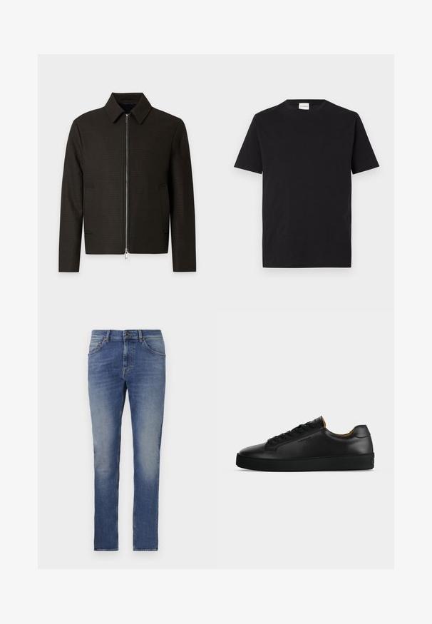 Mørkebrun herrejakke med krave, lynlås foran og to sidelommer, vist mod en ensfarvet lys baggrund.; Sort bomulds T-shirt med rund hals og korte ærmer. Har et lige snit og et minimalistisk design, med et mærke synligt ved kraven.; Denim jeans i medium blå med en lys vask, fem-lomme design, lige benform og knaplukning. Har let falming og subtile syninger.; Sort lavtopet læder-sneaker med sorte snørebånd, tekstureret gummisål og lille præget logo på siden, vist i profil mod grå baggrund.