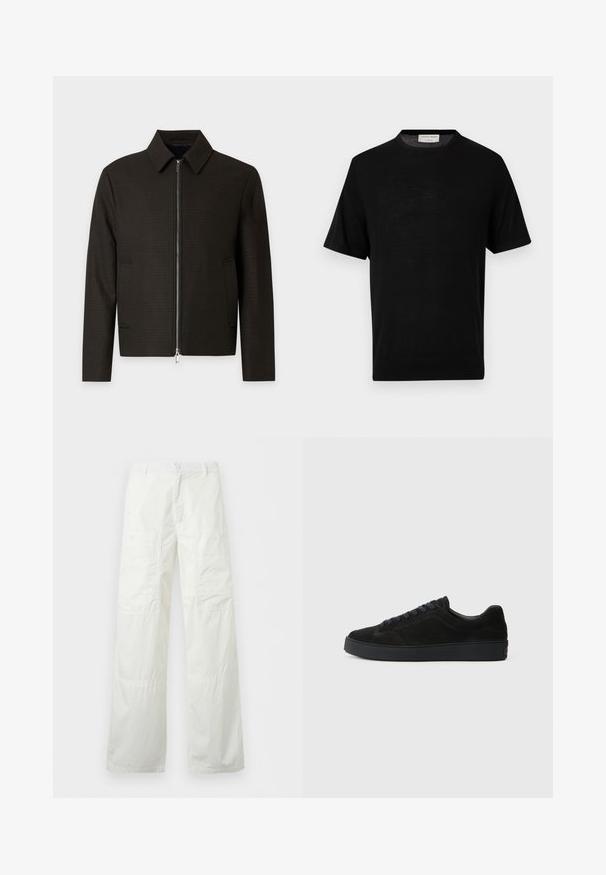 Veste homme marron foncé avec col, fermeture éclair à l'avant et deux poches latérales, présentée sur un fond clair uni.; T-shirt en maille noire à manches courtes avec col rond et poignets côtelés, étiquette à l'intérieur du col indiquant "Tiger of Sweden 1903".; Pantalon blanc à jambes larges avec taille boutonnée et deux grandes poches cargo boutonnées sur les cuisses, présenté à plat sur fond blanc.; Basket en suède noire avec une semelle plate et texturée, un bout rond, six œillets pour les lacets et un design minimaliste.