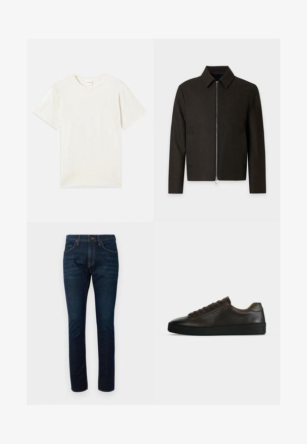 Chaqueta de hombre marrón oscuro con cuello, cremallera frontal y dos bolsillos laterales, mostrada sobre un fondo claro y liso.; Camiseta de manga corta, cuello redondo en color beige claro, con una textura de algodón suave, corte relajado y sin patrones ni acentos visibles.; Jeans de denim azul oscuro con un diseño ajustado, que cuentan con cinco bolsillos y costuras en contraste. La tela tiene una textura suave.; Zapatilla de perfil bajo de cuero marrón oscuro con suela de goma negra, cierre de cordones y diseño liso y minimalista sobre un fondo claro.