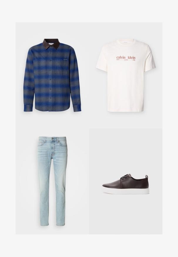 Chemise à carreaux bleue et grise avec un col en suède marron, manches longues, boutonnière à l'avant et deux poches poitrine. Texture subtile dans le tissu.; T-shirt en coton blanc avec un texte rouge indiquant "calvin klein new york city." Manches courtes et col rond.; Jeans en denim bleu clair, avec une coupe droite, taille mi-haute et un léger délavage. Comprend cinq poches et un bouton en métal.; Baskets en cuir marron avec une finition lisse, semelle en caoutchouc blanche, bout rond et design à lacets. Comprend une languette au niveau du talon.