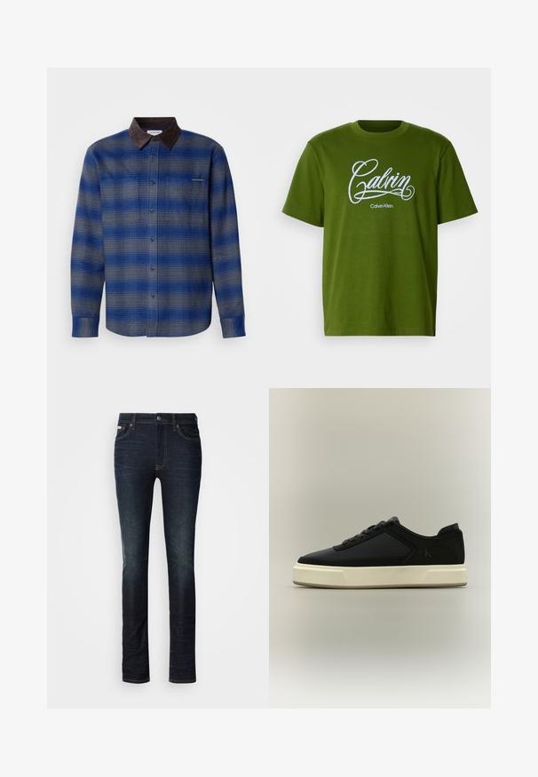 Camisa de cuadros azul y gris con un collar de ante marrón, de mangas largas, con botón en el frente y dos bolsillos en el pecho. Textura sutil en la tela.; Camiseta verde de manga corta con el texto en blanco "Calvin" y "Calvin Klein" centrado en el frontal sobre un fondo liso.; Jeans ajustados de color azul oscuro con cierre de botón y cremallera, diseño de cinco bolsillos y un ligero desgastado en los muslos y las rodillas.; Zapatilla deportiva negra de corte bajo con suela blanca gruesa, cordones en la parte delantera y el logo sutil "cK" en el lateral.