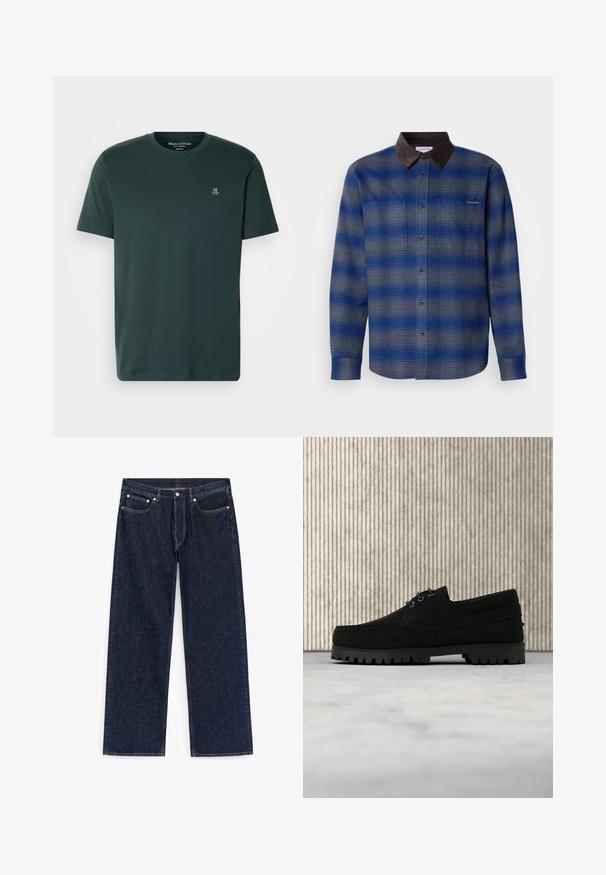 Blau- und grau kariertes Hemd mit einem braunen Wildlederkragen, langen Ärmeln, Knopfverschluss vorne und zwei Brusttaschen. Subtile Textur im Stoff.; Dunkelgrünes T-Shirt aus weichem Stoff, mit Rundhalsausschnitt und kurzen Ärmeln. Besticktes Logo auf der linken Brust.; Dunkelblaue gerade geschnittene Denim-Jeans mit Knopfverschluss, vorderen und hinteren Taschen sowie sichtbaren Nahtdetails.; Schwarzer Schnürschuh mit dicker, profilierter Sohle schwebt über beigem Teppich, brauner moderner runder Tisch vor weichem, beleuchtetem Hintergrund.