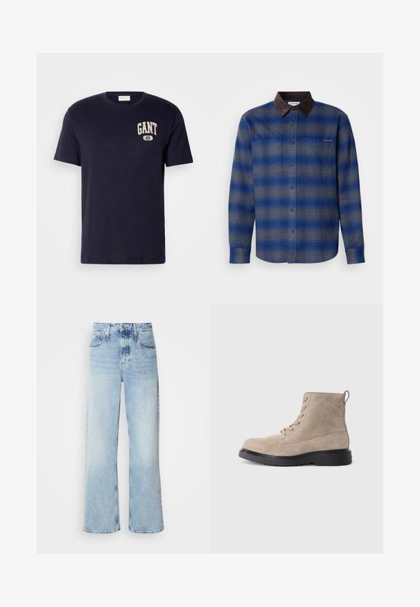 Blå og grå ternet skjorte med en brun ruskindskrave, lange ærmer, knaplukning foran og to brystlommer. Subtil struktur i stoffet.; Mørkeblå bomulds t-shirt med korte ærmer, en rund halsudskæring og et trykt "GANT 49" logo på brystet i en cremefarvet accent.; Lysblå vide jeans med høj talje, der har en falmet finish, bæltestropper og klassisk fem-lomme design. Kantene er rå.; Beige ruskindsankelstøvler med sort gummisål, snørelukning og et lille logo præget på siden, med en løftestrop bagpå.