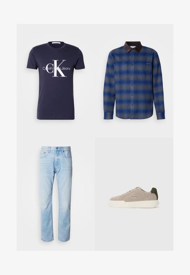 Blauw en grijs geruite shirt met een bruine suede kraag, lange mouwen, knoopsluiting aan de voorkant en twee borstzakken. Subtiele textuur in de stof.; Donkerblauw T-shirt met korte mouwen en groot wit "cK" en "Calvin Klein Jeans" logo in het midden aan de voorkant.; Lichtblauwe denim jeans met een rechte pijp, met vervaagde delen, vijf-pocket ontwerp en een klassieke knoopsluiting.; Beige suède sneakers met een witte rubberen zool, voorzien van een donkergroene hielaccent en subtiele branding aan de zijkant.