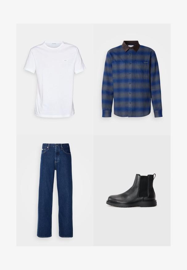 Camisa de cuadros azul y gris con un collar de ante marrón, de mangas largas, con botón en el frente y dos bolsillos en el pecho. Textura sutil en la tela.; Camiseta blanca de algodón con mangas cortas, cuello redondo y una pequeña etiqueta de marca en el pecho. Textura suave y diseño minimalista.; Vaqueros de mezclilla azul oscuro con un diseño de pierna ancha, que presentan un cierre de botón y el clásico estilo de cinco bolsillos. La tela tiene una textura suave.; Botas Chelsea de cuero negro con acabado texturizado, paneles laterales elásticos y una suela de goma resistente. Marca sutil en el talón.