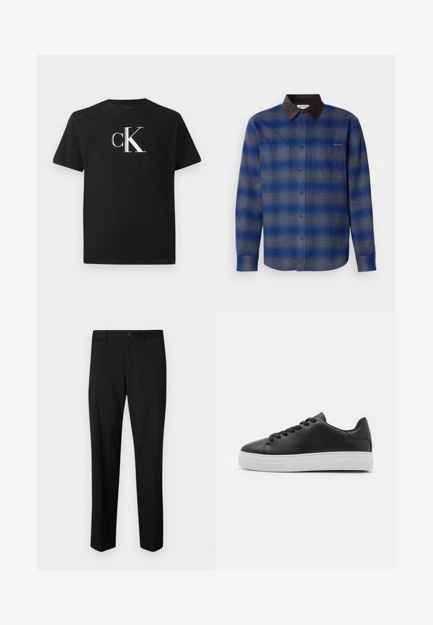 Blauw en grijs geruite shirt met een bruine suede kraag, lange mouwen, knoopsluiting aan de voorkant en twee borstzakken. Subtiele textuur in de stof.; Zwarte katoenen t-shirt met een zilveren "ck" logo aan de voorkant. Korte mouwen en een ronde halslijn met een normale pasvorm.; Zwarte op maat gemaakte broek met een platte voorkant, standaard taille en rechte pijpen. Gemaakt van een gladde stof, met een enkele knoopsluiting.; Zwarte leren sneaker met ronde neus, witte rubberen zool en zwarte veters. Kenmerkt zich door een gladde afwerking en minimalistisch ontwerp.