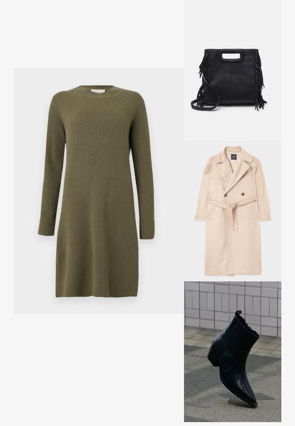 Beige wollen blend jas met een dubbelzijdig ontwerp, geknipte revers, tailleband en zijzakken. Gladde textuur en middellange stijl.; CLOSED CREW NECK DRESS LONG SLEEVE - Gebreide jurk - forest green; Glanzende zwarte leren enkellaars met blokhak, elastische zijpanelen en treklipje, rechtopstaand op een gestructureerd trottoir bij een betegelde muur.; Zwarte leren handtas met een gestructureerd ontwerp, bovenhandvat en franjes. Heeft een afneembare schouderriem voor veelzijdigheid.