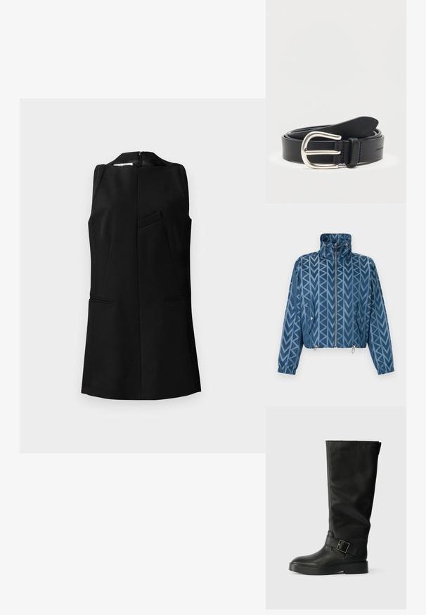 Blaue Zip-up-Jacke mit hohem Kragen, geometrischem Pfeilmuster, Taschen mit Knopflaschenklappen, elastischen Bündchen und verstellbaren Saumkordelstoppern.; Schwarzes ärmelloses Oberteil mit hohem Kragen, strukturiertem Design, Taschendetails auf der Vorderseite und verdecktem Reißverschluss hinten, aus einem strukturierten Stoff gefertigt.; Schwarze kniehohe Stiefel aus glattem Leder, mit runder Zehenpartie, dicker Sohle und einem horizontalen Riemen mit rechteckiger Schnalle.; Schwarzer Ledergürtel mit silberner, abgerundeter Metallschnalle auf einfachem weißen Hintergrund.
