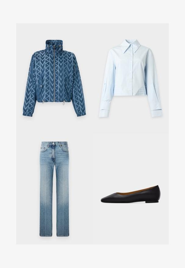 Veste zippée bleue avec col montant, motif géométrique en forme de flèches, poches à rabat boutonnées, poignets élastiques et cordons de serrage ajustables à l'ourlet.; Chemise bleu clair à manches longues avec boutons, col large et détail plissé au bas, présentée sur un fond clair uni.; Jean droit bleu clair en denim, avec un léger dégradé, un design classique à cinq poches et un bouton en métal à la taille.; Chaussure plate en cuir noir à bout pointu avec talon bas et finition lisse, vue de côté sur un fond gris clair.
