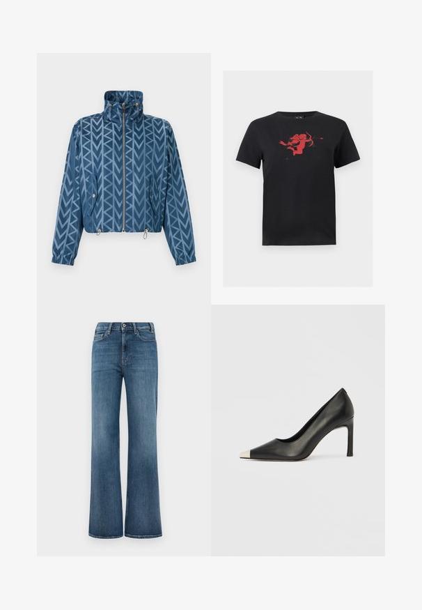 Blaue Zip-up-Jacke mit hohem Kragen, geometrischem Pfeilmuster, Taschen mit Knopflaschenklappen, elastischen Bündchen und verstellbaren Saumkordelstoppern.; Schwarzes T-Shirt mit kurzen Ärmeln und einer roten Grafik eines Amor mit Bogen und Pfeil, die mittig auf der Brust platziert ist.; Blaue Denim-Jeans mit weitem Beinansatz, Knopf- und Reißverschluss, sowie Vorder- und Gesäßtaschen, präsentiert auf einem schlichten weißen Hintergrund.; Schwarzer Lederschuh mit hohem Absatz, spitz zulaufender Zehenpartie und metallischer silberner Spitze. Verfügt über eine glatte Oberfläche und einen schlanken 10 cm hohen Absatz.