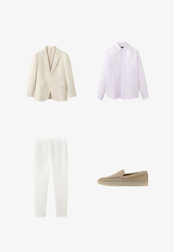 Blazer beige à simple boutonnage avec revers crantés, deux poches avant à rabat, une poche poitrine et deux boutons aux poignets.; Chemise blanche à manches longues, boutonnée, avec col pointu et poignets, présentée à plat sur fond blanc.; Pantalon blanc slim avec passants pour ceinture, détails de coutures avant et coupe ajustée longueur cheville.; Mocassin beige en daim à enfiler, semelle en caoutchouc clair, petit talon et coutures discrètes le long du bord supérieur.