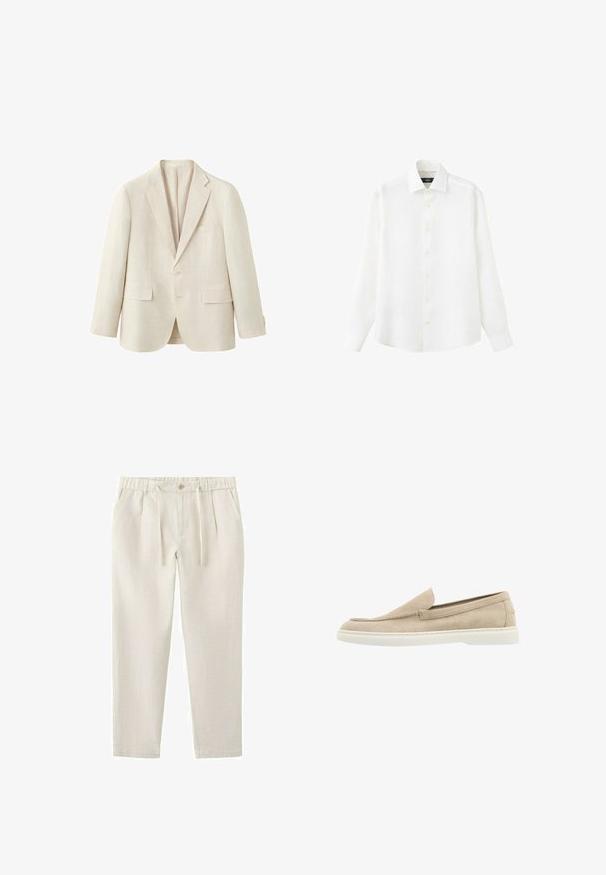 Beiger einreihiger Blazer mit Kerb-Revers, zwei Vorderklappentaschen, einer Brusttasche und zwei Knöpfen an den Manschetten.; Langärmeliges weißes Hemd mit Knöpfen, Kragen und Manschetten, flach liegend vor weißem Hintergrund dargestellt.; Beige Freizeithose mit elastischem Bund, Knopf, Kordelzug, zwei Seitentaschen und zulaufenden Beinen.; Beige Wildleder Slipper mit glatter Oberfläche, abgerundeter Spitze und weißer Gummisohle. Besitzt minimale Nähdetails und keine sichtbaren Beschläge.