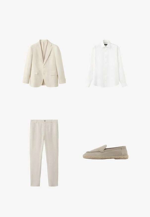 Blazer beige à simple boutonnage avec revers crantés, deux poches avant à rabat, une poche poitrine et deux boutons aux poignets.; Chemise blanche à manches longues avec col et poignets, boutonnée, présentée à plat sur un fond blanc.; Pantalon beige clair à jambes droites avec fermeture par bouton et passants de ceinture, doté de poches avant et arrière.; Mocassin beige en daim à enfiler avec semelle en jute tressée, détails cousus le long des bordures supérieures, talon plat et bout rond.