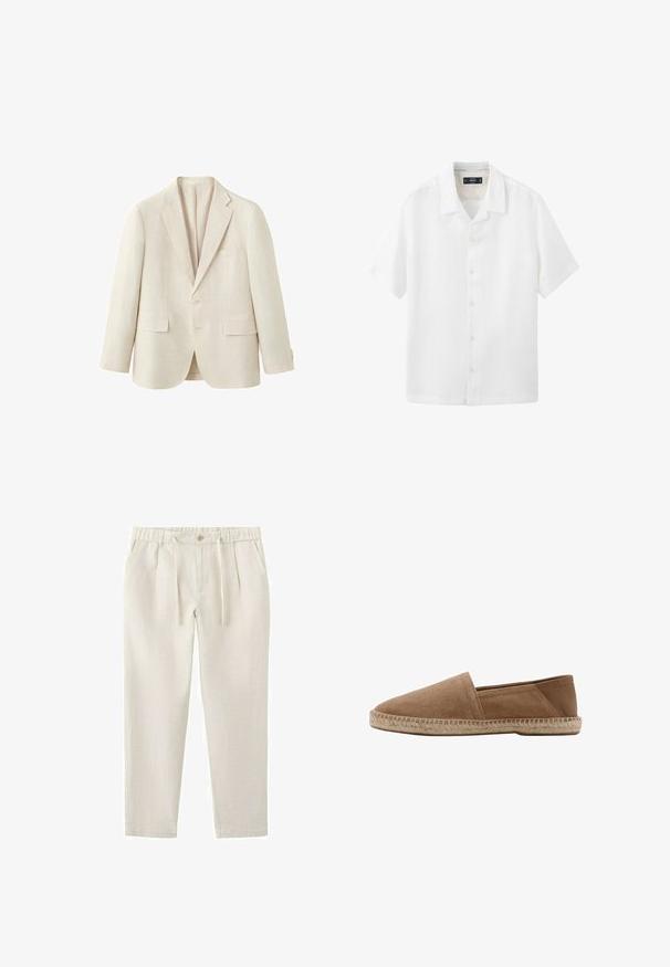 Blazer beige à simple boutonnage avec revers crantés, deux poches avant à rabat, une poche poitrine et deux boutons aux poignets.; Chemise blanche à manches courtes avec col, boutons sur le devant et coupe décontractée, présentée sur un fond blanc uni.; Pantalon décontracté beige avec taille élastique, bouton, cordon de serrage, deux poches latérales et jambes fuselées.; Espadrille en daim marron à enfiler avec semelle en jute et patte en cuir au talon, vue latérale sur fond blanc.