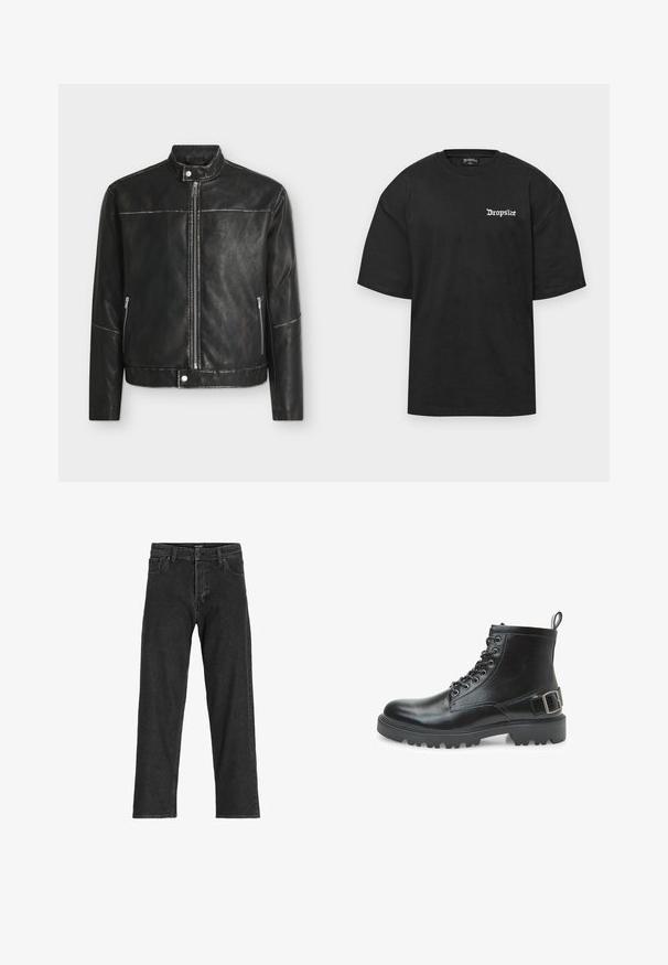 Zwarte neplederen jas met opstaande kraag, rits aan de voorkant, ritssluitingen aan de zijzakken en drukknopen bij de hals en zoom.; Zwarte oversized T-shirt met korte mouwen met witte gotische "Dropsize"-tekst op de linkerborst.; Zwarte spijkerbroek met een recht model, voorzien van een rits, riemlussen en zes zakken, gemaakt van een stevige katoenmix.; Zwarte leren combatboot met veters, metalen oogjes, robuuste zool, trekband aan de hiel en een decoratieve gesp op de zijkant.