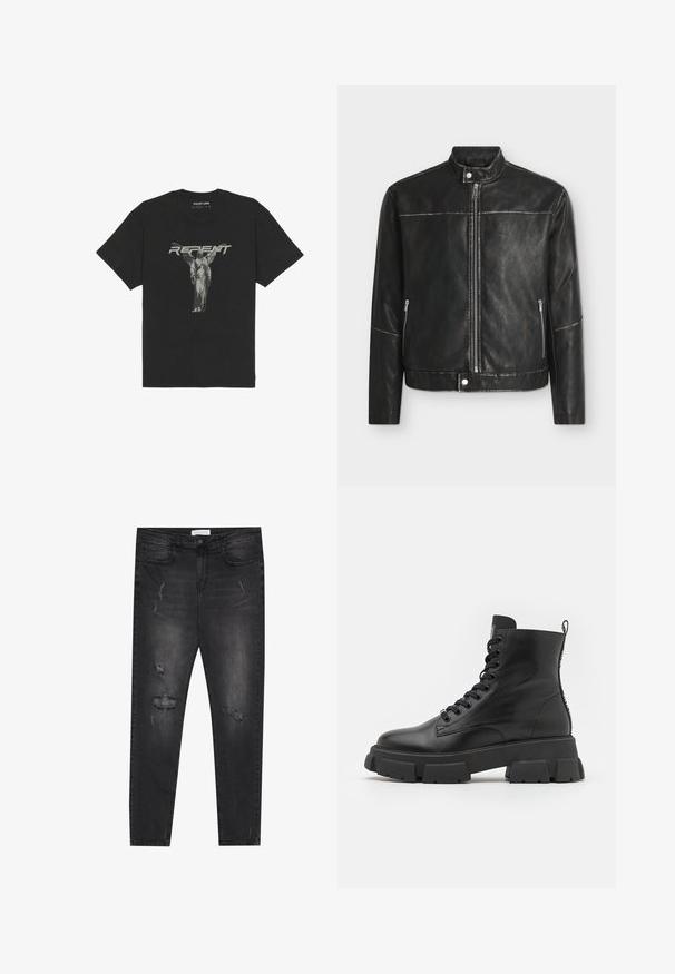 Schwarze Kunstlederjacke mit Stehkragen, vorderem Reißverschluss, seitlichen Reißverschlusstaschen und Druckknopfverschlüssen am Kragen und Saum.; Schwarzes Baumwoll-T-Shirt mit kurzen Ärmeln, auf dem eine frontale Grafik einer Statue und das Wort "BUßE" in fetten grauen Buchstaben zu sehen ist.; Schwarze, enge Jeans aus Denim mit strukturierten, aufgerissenen Stellen, Fünf-Taschen-Design und einem Knopfverschluss. Texturierter Stoff mit leichtem Stretch.; Schwarze Leder-Stiefeletten mit dicken Gummisohlen, runder Zehenpartie und Schnürung auf der Vorderseite. Mit Ziehlasche und strukturiertem Detail an den Seiten.