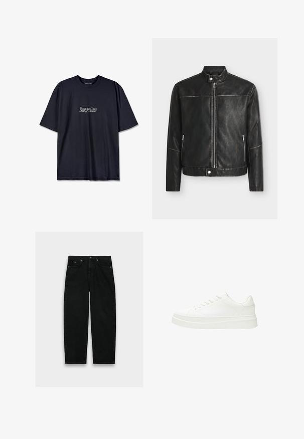 Schwarze Kunstlederjacke mit Stehkragen, vorderem Reißverschluss, seitlichen Reißverschlusstaschen und Druckknopfverschlüssen am Kragen und Saum.; Schwarzes Baumwoll-T-Shirt mit Rundhalsausschnitt, auf der Vorderseite mit einem weißen Drucklogo "Pescador Club" und "Scent of Summer" versehen. Kurze Ärmel.; Schwarze Jeans mit hoher Taille und geradem Bein, fünf Taschen, Knopfverschluss und Gürtelschlaufen vor weißem Hintergrund.; Weiße Sneaker mit einem glatten Lederoberteil, flachen Schnürsenkeln und einer dicken Gummisohle. Das minimalistische Design verfügt über subtile Nähte und nahtlose Akzente.