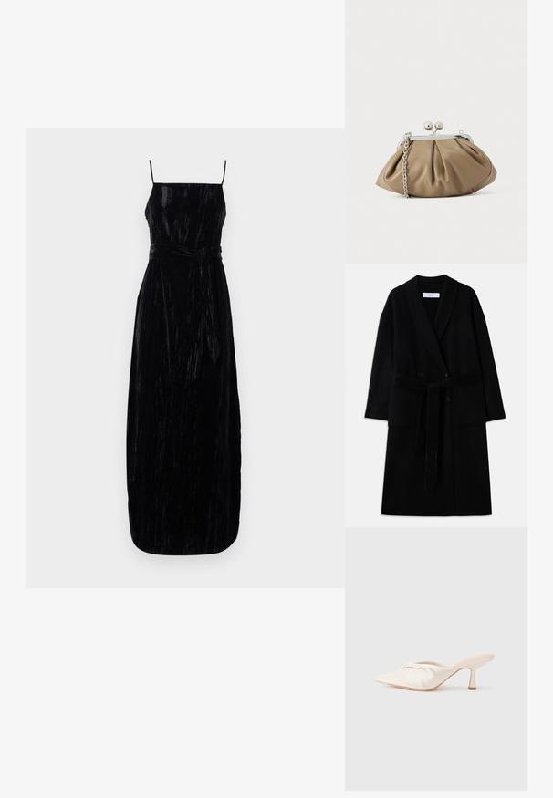 Sort uldblandingsfrakke med sjalkrave, dobbeltradet design, to forlommer og bælte med selvbinding. Glat tekstur og moderne snit.; Sort velour maxi kjole med spaghetti stropper, en tætsiddende bodice og et matchende bindebælte i taljen. Teksturér stof med en let glans.; Mulesko i lyst beige stof med et knyttet design foran, spids tå og en slank, tilspidset hæl. Glat tekstur over det hele.; Læderclutch i blød beige med afrundet form, plisseret tekstur, sølvfarvet kiss-lock lukning og aftagelig kæderem.