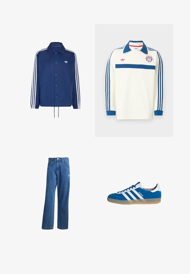 Chaqueta azul marino de Adidas con tres rayas blancas en las mangas, botones a presión en la parte delantera, puños elásticos, dobladillo con cordón y pequeño logo en el pecho.; Camiseta deportiva de manga larga blanca con cuello azul, rayas azules en las mangas, franja azul en el pecho, logo rojo y un emblema de escudo con estrellas en el pecho.; Vaqueros de mezclilla anchos de talle alto en azul, con bolsillos frontales, presillas para cinturón, cierre de botón y pequeño logo de Adidas en el muslo derecho.; Zapatilla Adidas Gazelle azul y blanca con suela de goma y tres franjas blancas, vista desde un lado sobre un fondo blanco.