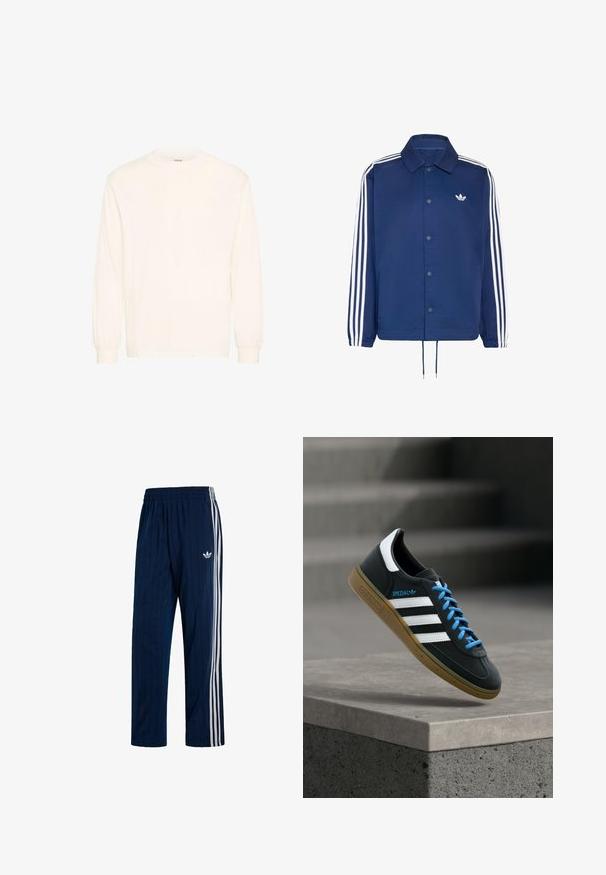 Mørkeblå Adidas-jakke med hvide tre striber på ærmerne, trykknapper foran, elastiske manchetter, snøre i kanten og lille logo på brystet.; Langærmet skjorte i off-white bomuld med rund hals og elastiske manchetter, der har et minimalistisk design og blød tekstur.; Mørkeblå Adidas træningsbukser med hvide tre striber på siderne og elastisk taljebånd, med hvid trekløverlogo på venstre lår.; Sort Adidas sneaker med hvide striber, blå snørebånd og gummisål, der svæver over gråt betontrin i blødt lys.