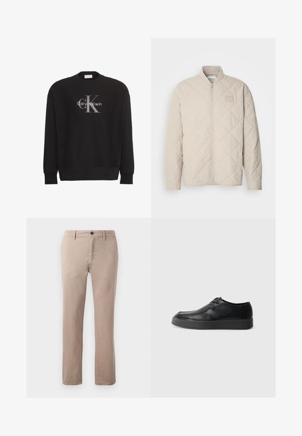Lys beige quiltet jakke med ståkrave, fuld frontlynlås og subtilt logo-patch på brystet. Glat overflade og strømlinet design.; Sort sweatshirt med lange ærmer med stor grå tekstlogo "cK" og hvidt tekstlogo "Calvin Klein" centreret på forsiden.; Lys beige bomulds chinos med lige ben, frontlommer og en enkelt knap i livet. Glat tekstur med syede sømme.; Calvin Klein HYBRID CUP WALLABEE - Business sko - triple black