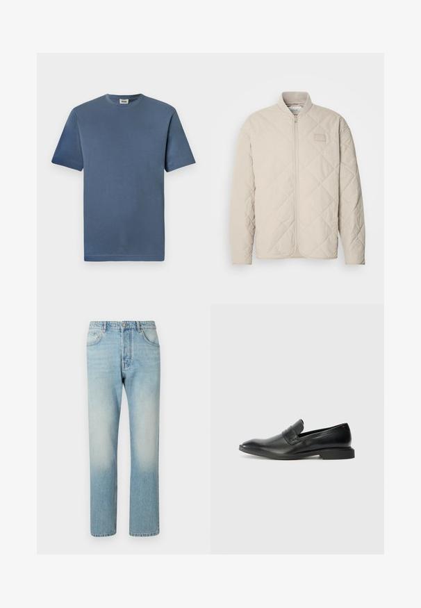 Veste matelassée beige clair avec un col montant, fermeture éclair sur toute la longueur à l'avant et un discret écusson logo sur la poitrine. Texture lisse et design épuré.; T-shirt en coton bleu avec un col rond et des manches courtes. Présente une texture lisse et un ourlet droit. Pas de motifs ou graphiques visibles.; Jeans bleu clair fabriqués en denim, présentant un design à jambe droite, une structure à cinq poches et un effet délavé au niveau des cuisses.; Mocassins en cuir noir avec une texture lisse, un nez pointu et un petit talon rectangulaire. Présente un détail de bande horizontale sur le dessus.
