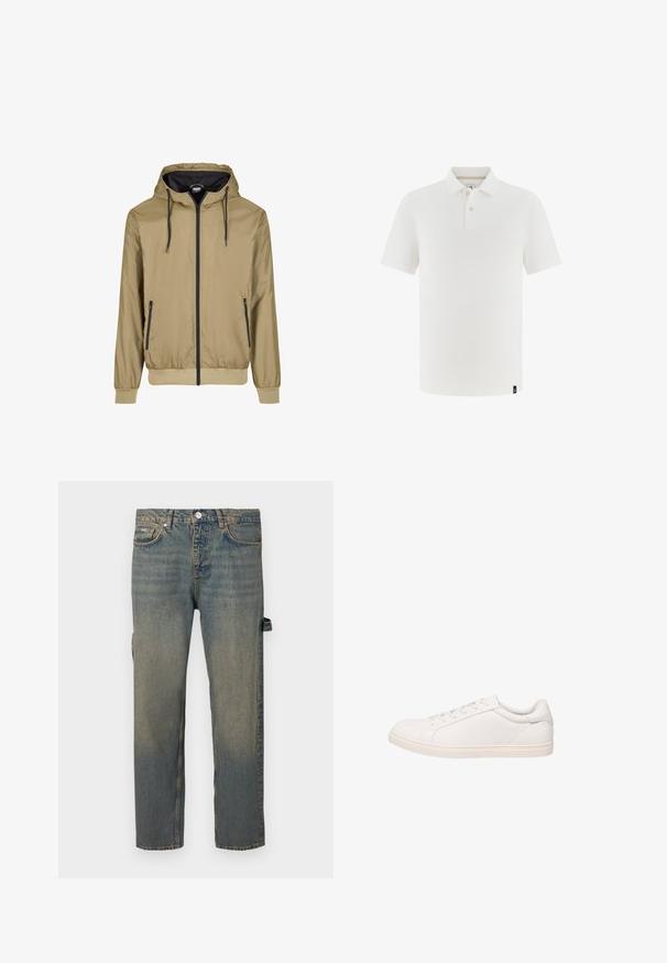Veste à capuche zippée tan avec intérieur noir. Dotée de cordons de serrage, de deux poches avant et de poignets et d'un ourlet côtelés. Légère, texture lisse.; Polo blanc à manches courtes avec deux boutons et un col, présentant une petite étiquette noire rectangulaire sur l'ourlet inférieur.; Jean en denim bleu clair avec un effet usé, coupe droite, cinq poches et passants de ceinture. Présente un détail de sangle sur le côté.; Baskets basses blanches avec fermeture à lacets et semelle plate, montrées en profil latéral sur fond blanc.