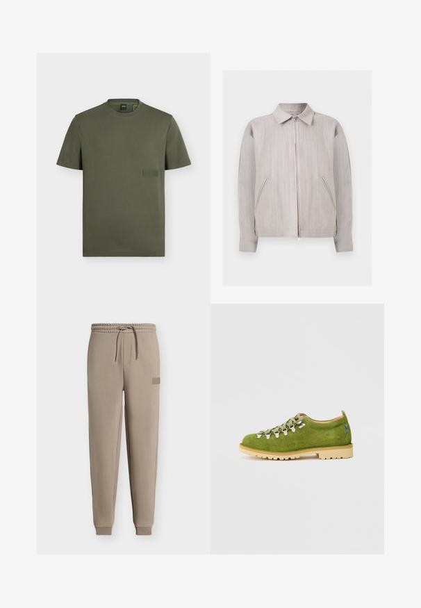 Veste zippée gris clair avec fines rayures verticales, col classique, deux poches avant inclinées et manches longues avec poignets.; T-shirt vert olive à manches courtes et col rond avec une petite étiquette rectangulaire sur la poitrine gauche portant la mention "BOSS."; Pantalon de jogging beige avec taille élastique, cordon de serrage, bas de jambes resserrés et petite étiquette logo rectangulaire sur la partie supérieure de la cuisse gauche.; Des chaussures de randonnée en daim vert présentent un nez arrondi, un dessus texturé, des œillets en métal et une semelle en caoutchouc beige avec un motif de crantage.