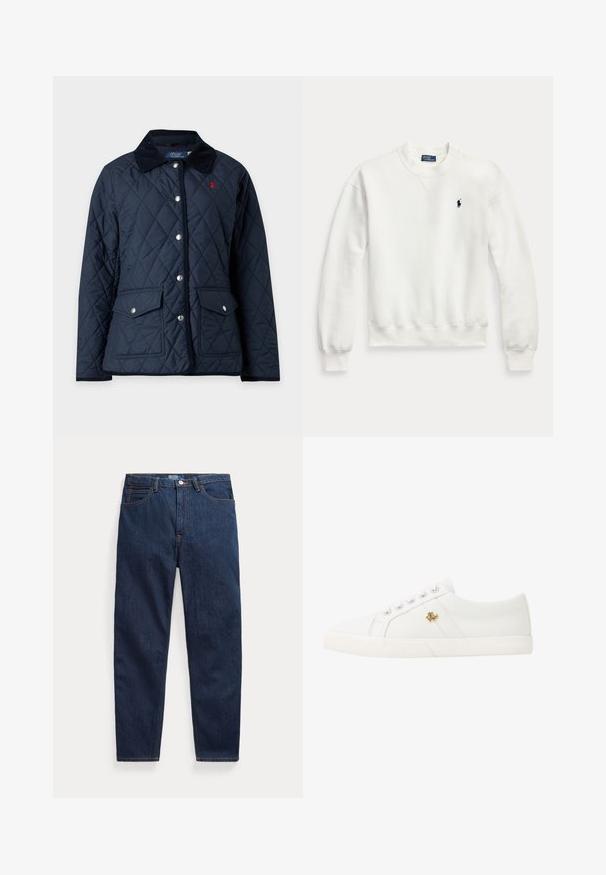Mørkeblå quiltet jakke med sort krave, trykknaplukning foran, to klaplommer og rødt broderet logo på brystet.; Hvid langærmet sweatshirt med rund hals og ribbet manchetter og bund, med et lille mørkt broderet logo på venstre bryst.; Mørkeblå denimjeans med fem lommer, knaplukning og lige ben, lagt fladt på en hvid baggrund.; Lauren Ralph Lauren JANSON II CANVAS SNEAKER - Sneakers - optic white