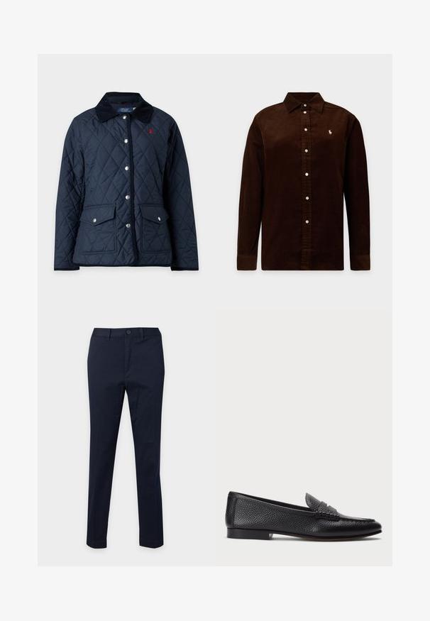 Veste matelassée bleu marine avec col noir, fermeture par boutons-pression à l'avant, deux poches à rabat et logo rouge brodé sur la poitrine.; Chemise en velours côtelé marron foncé à manches longues avec patte de boutonnage et petit logo brodé sur la poitrine gauche.; Pantalon bleu marine slim fit avec fermeture à bouton et zip devant, passants pour ceinture et coupe droite.; Mocassin en cuir noir avec une finition texturée, doté d'une sangle décorative et d'un talon plat. Design épuré et minimal avec un bout arrondi.