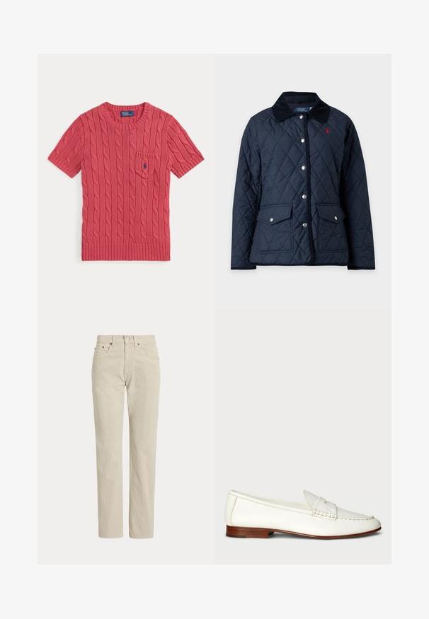 Veste matelassée bleu marine avec col noir, fermeture par boutons-pression à l'avant, deux poches à rabat et logo rouge brodé sur la poitrine.; Pull en maille rose à manches courtes avec motif torsadé, petite poche avant et logo Polo Ralph Lauren bleu sur la poche.; Pantalon en velours côtelé beige droit avec passants de ceinture, bouton à l'avant, fermeture éclair et poches avant.; Mocassins blancs en cuir avec une finition texturée, bout arrondi et accent tressé. Talon en bois bas et design minimaliste.