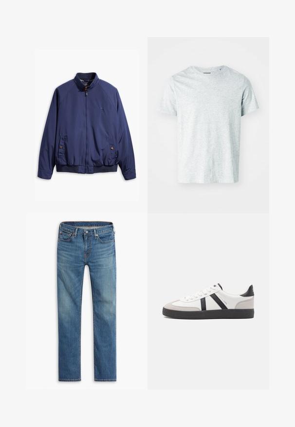 Veste bleu marine avec fermeture éclair à l'avant, col montant et poignets élastiques. Comprend deux poches latérales avec boutons et une doublure à carreaux.; T-shirt gris clair à manches courtes en tissu doux, avec un col rond et une coupe légèrement décontractée. Aucun motif ou graphique visible.; Jeans en denim bleu à jambe droite avec fermeture à bouton et à zipper à l'avant, design à cinq poches et décoloration subtile sur les cuisses et les genoux.; Baskets blanches avec des accents noirs et gris, présentant un embout texturé gris, une semelle en caoutchouc noir et des lacets plats blancs. Design épuré, style minimaliste.