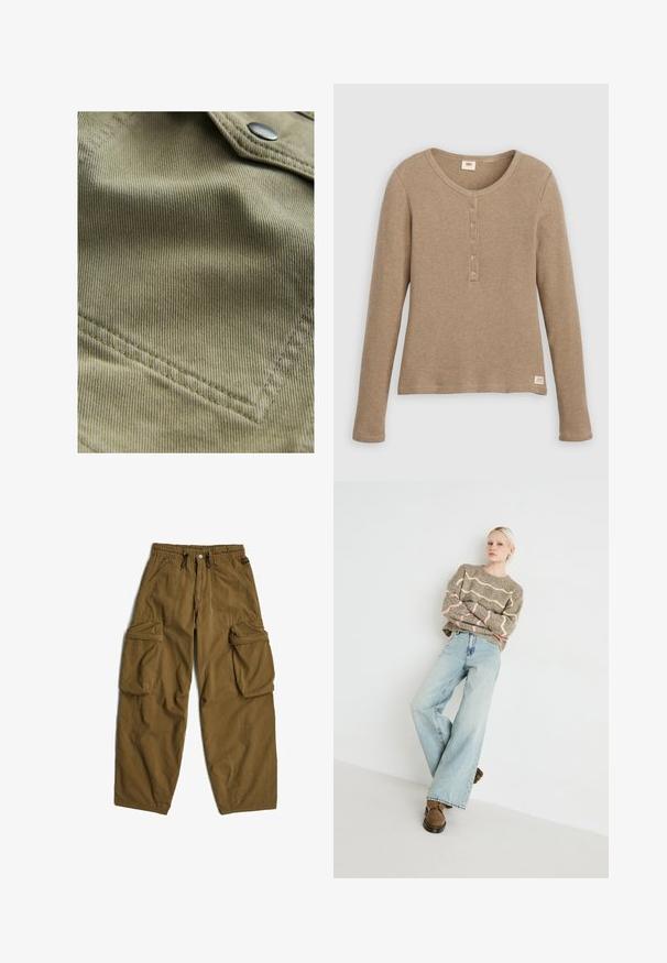 Olivengroen stof met een fijne ribbeltextuur, voorzien van een spitse zak en subtiele stikdetails. Metalen drukknoop zichtbaar.; Beige henleyshirt met lange mouwen en wafelstructuur, ronde hals en knoopsluiting met vijf knopen, plat weergegeven tegen een witte achtergrond.; Khaki cargobroek met een relaxte pasvorm, voorzien van een elastische tailleband, meerdere zijzakken en een zachte, textuurstof.; Beige gebreide trui met golvende roze en crèmekleurige strepen, gecombineerd met lichtblauwe wijde jeans en bruine veterschoenen.